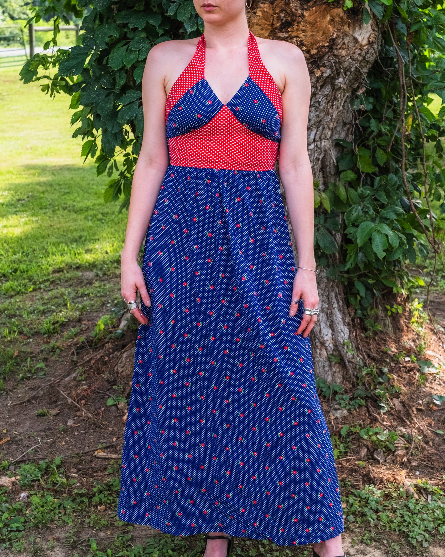 Vintage 1970s Red & Navy Polka Dot Floral Print Halter Maxi Dress | XS/S