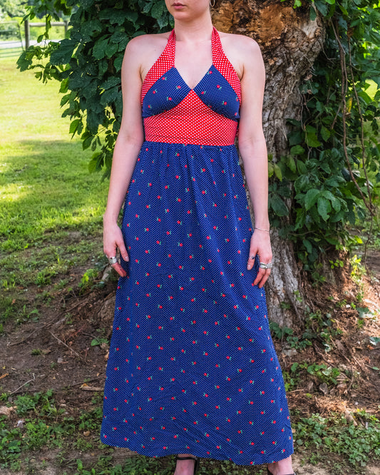 Vintage 1970s Red & Navy Polka Dot Floral Print Halter Maxi Dress | XS/S