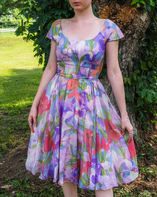 Vintage 1950s Watercolor Floral Print Cap Sleeve Pleated Dress | Small
