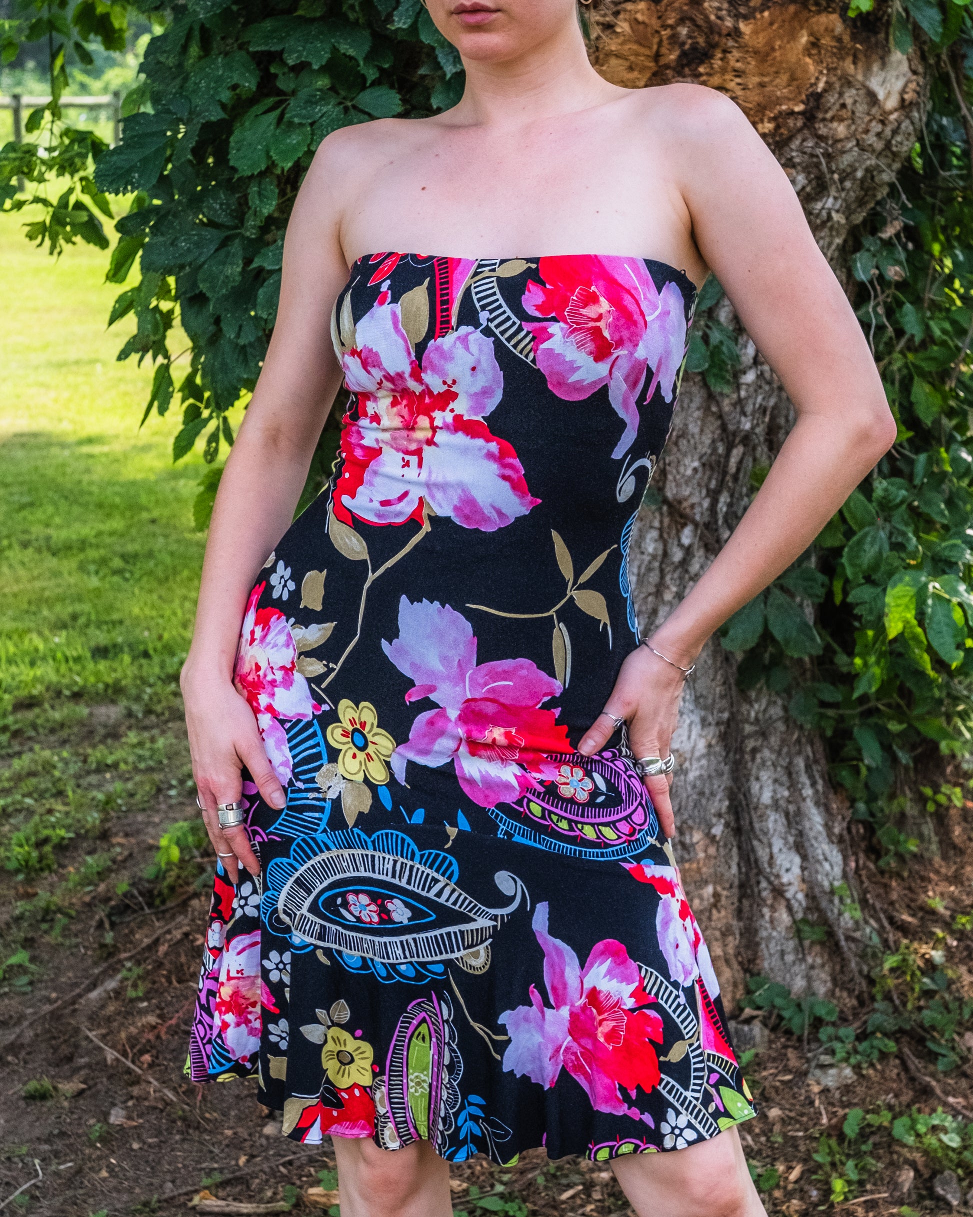 Vintage 1990s Cache Floral Print Strapless Dress