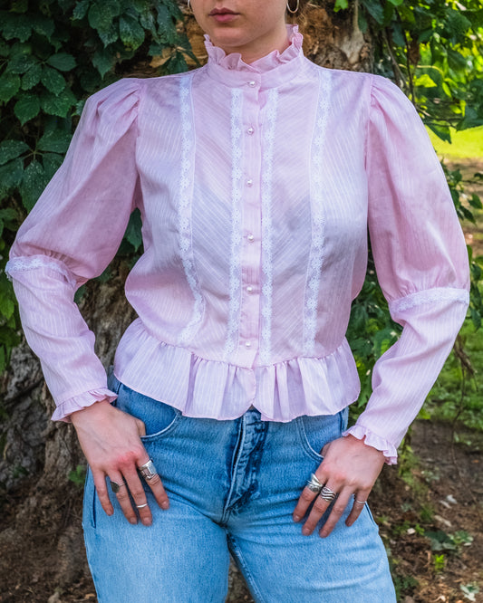 Vintage 1970s Topson Downs California Pink Lace Trim Ruffle Blouse | Large