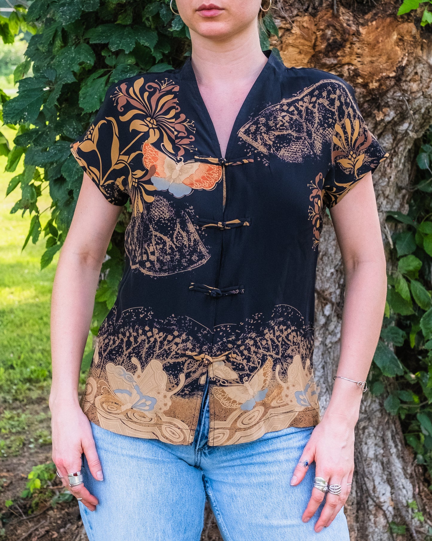 Vintage 1990s Citron Santa Monica Asian-Style Printed 100% Silk Blouse | Small