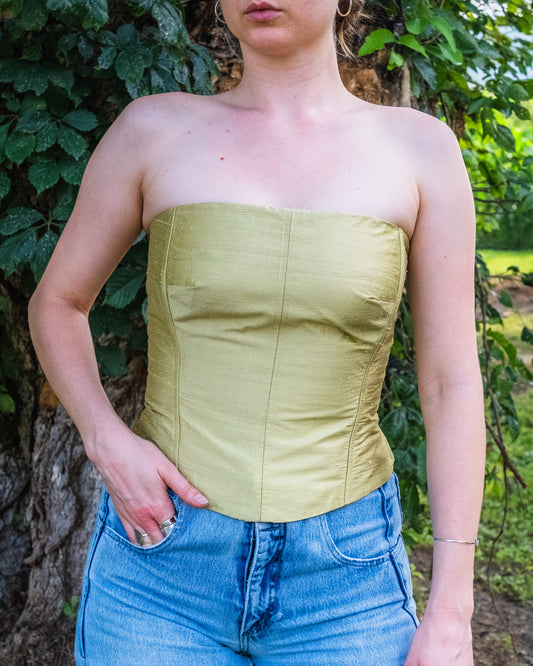 Vintage 1990s Watters & Watters Green Silk Strapless Corset Top | Medium