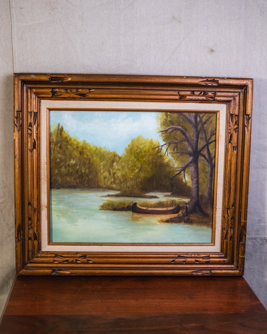 Vintage Wood Framed Lake Landscape Oil Painting
