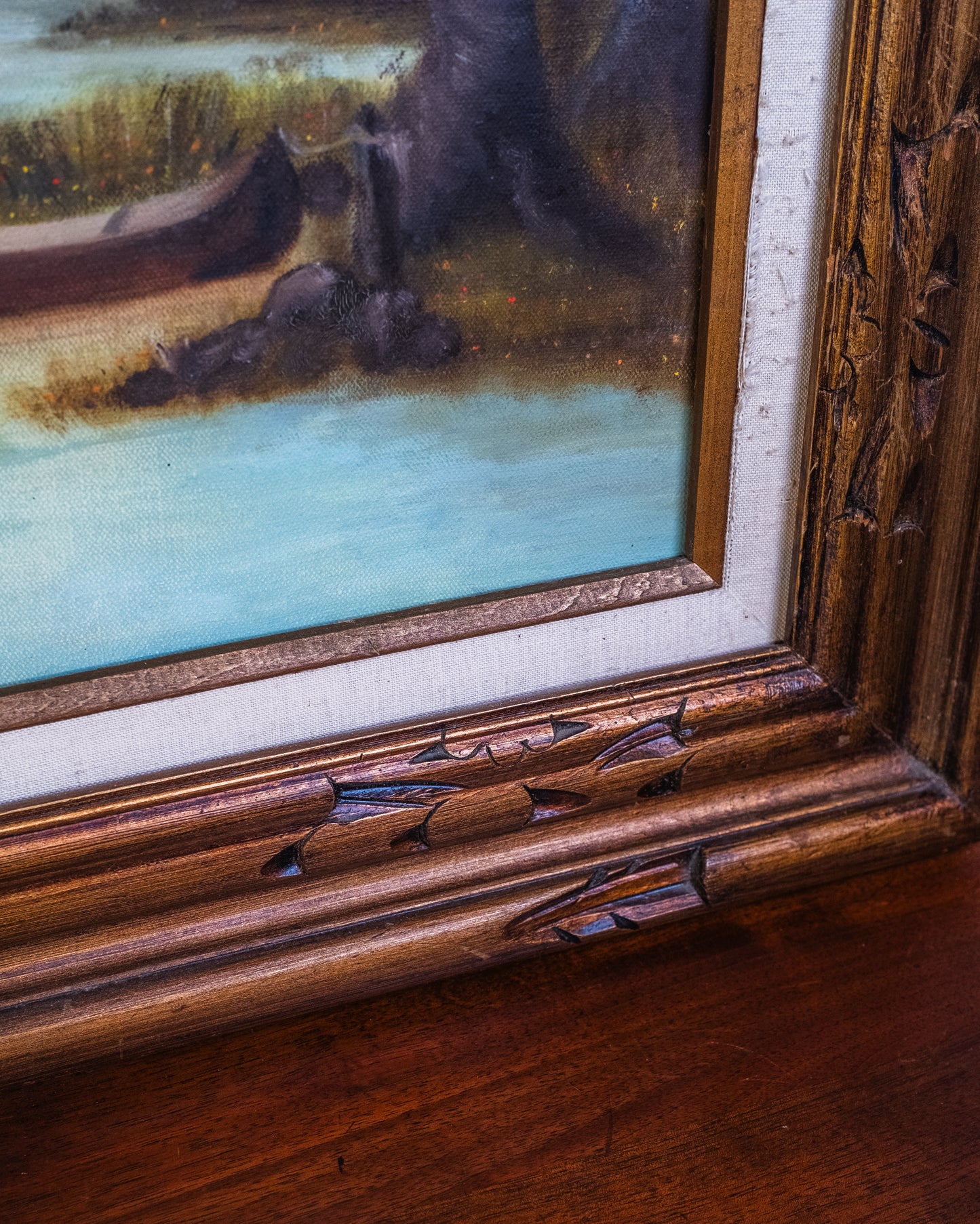 Vintage Wood Framed Lake Landscape Oil Painting