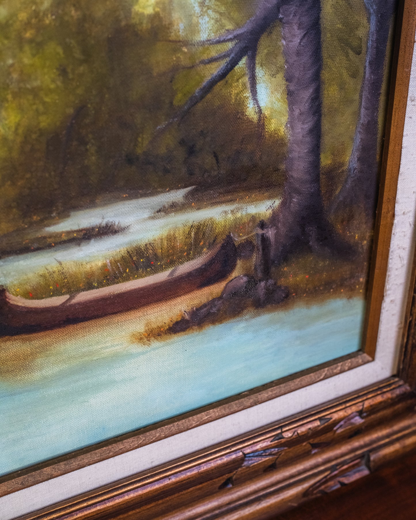 Vintage Wood Framed Lake Landscape Oil Painting