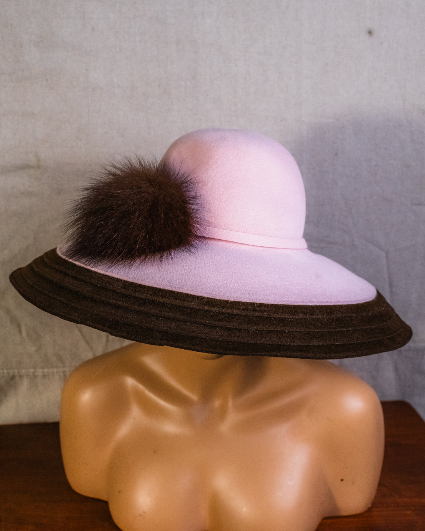 Vintage Gabriel Amar for Frank Olive Pink & Brown Felt Hat w/ Fur Pom