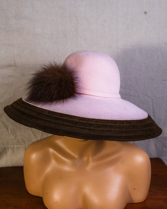 Vintage Gabriel Amar for Frank Olive Pink & Brown Felt Hat w/ Fur Pom