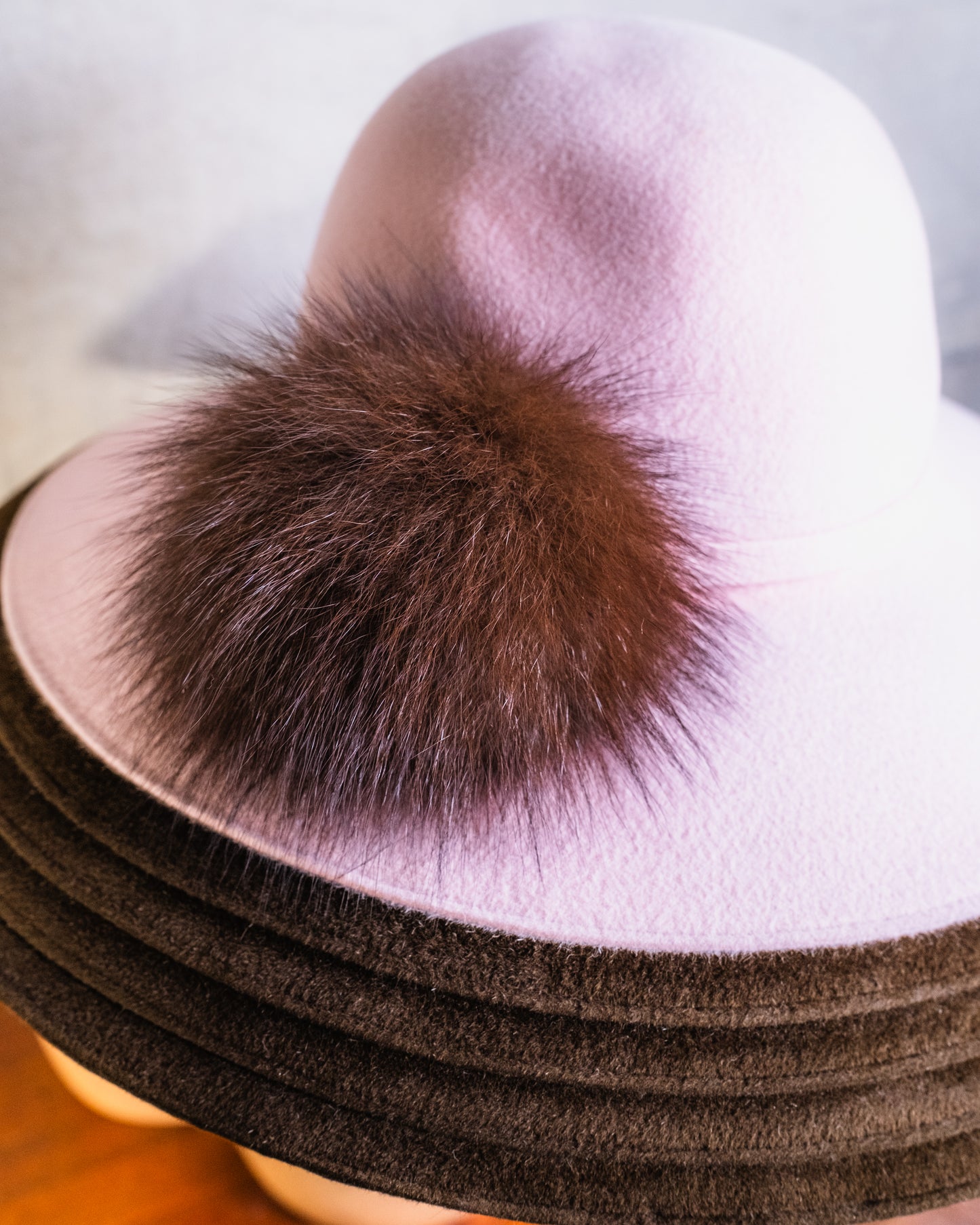 Vintage Gabriel Amar for Frank Olive Pink & Brown Felt Hat w/ Fur Pom