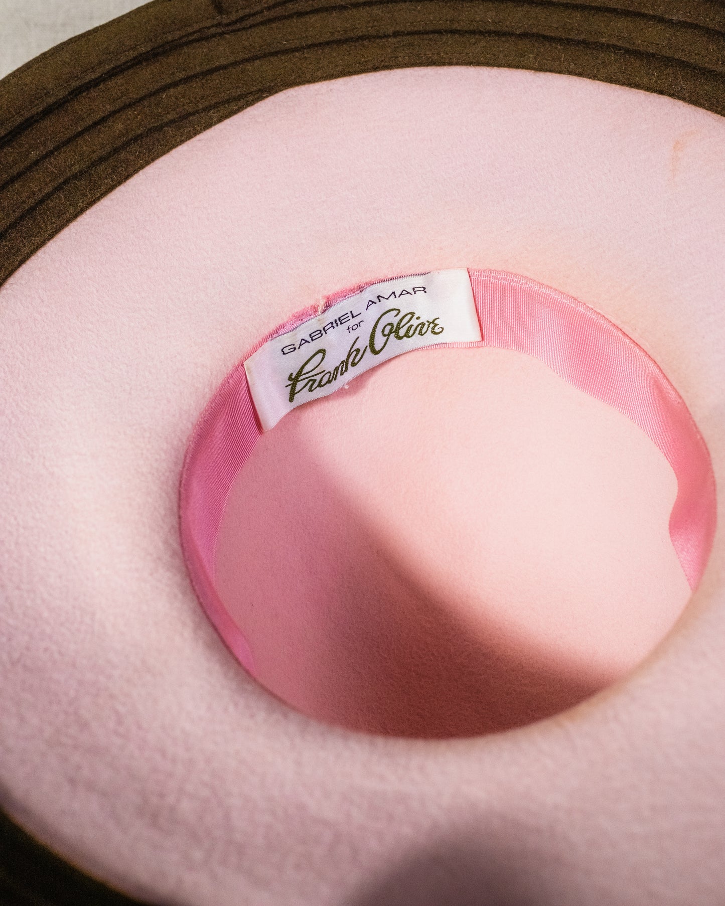 Vintage Gabriel Amar for Frank Olive Pink & Brown Felt Hat w/ Fur Pom