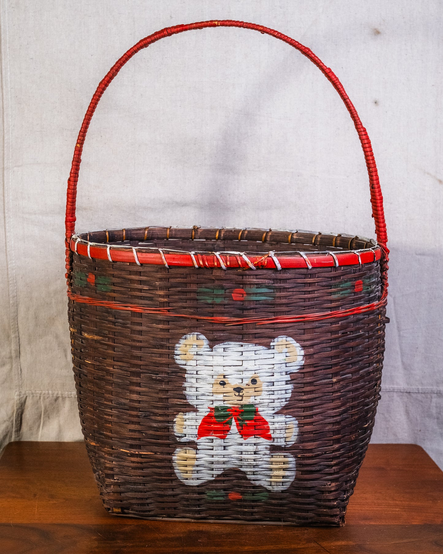 Vintage Large Woven Basket w/ Painted Teddy Bear