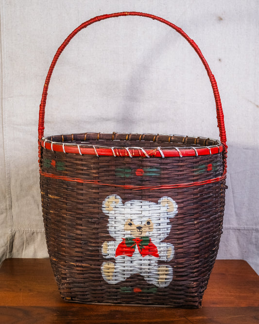 Vintage Large Woven Basket w/ Painted Teddy Bear