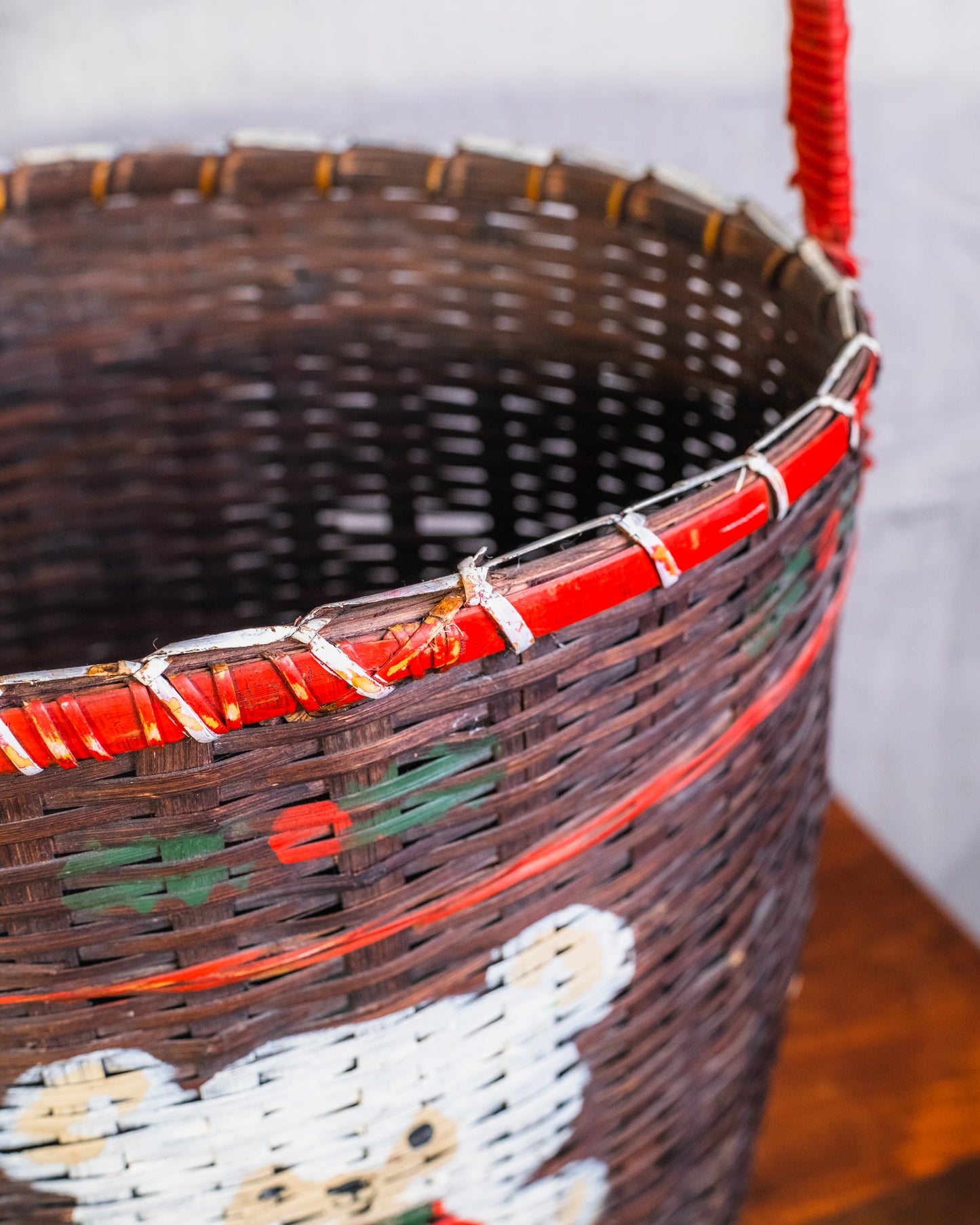 Vintage Large Woven Basket w/ Painted Teddy Bear