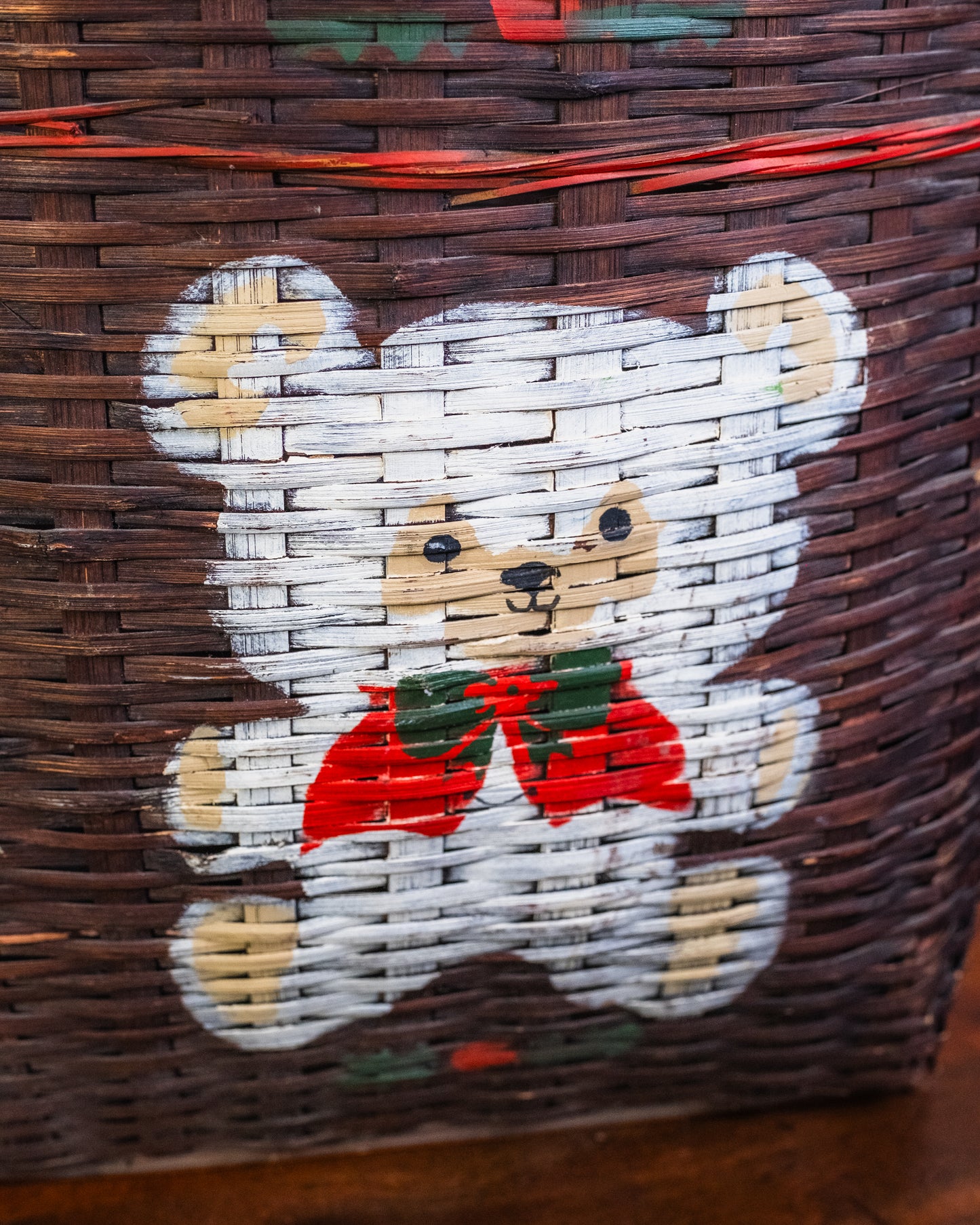 Vintage Large Woven Basket w/ Painted Teddy Bear