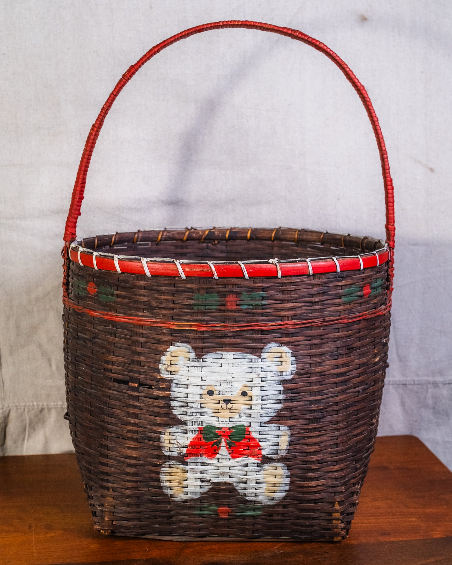Vintage Large Woven Basket w/ Painted Teddy Bear