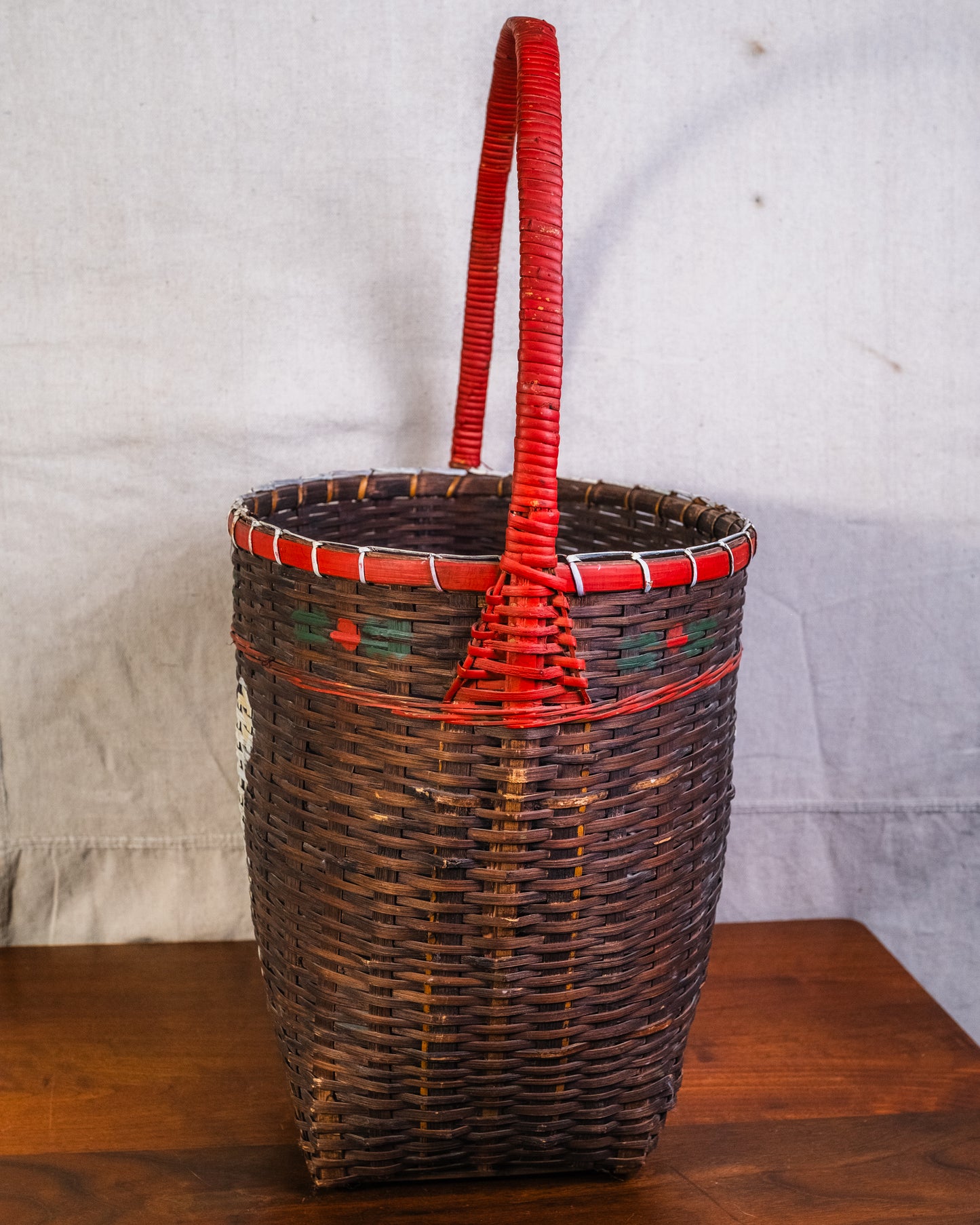Vintage Large Woven Basket w/ Painted Teddy Bear
