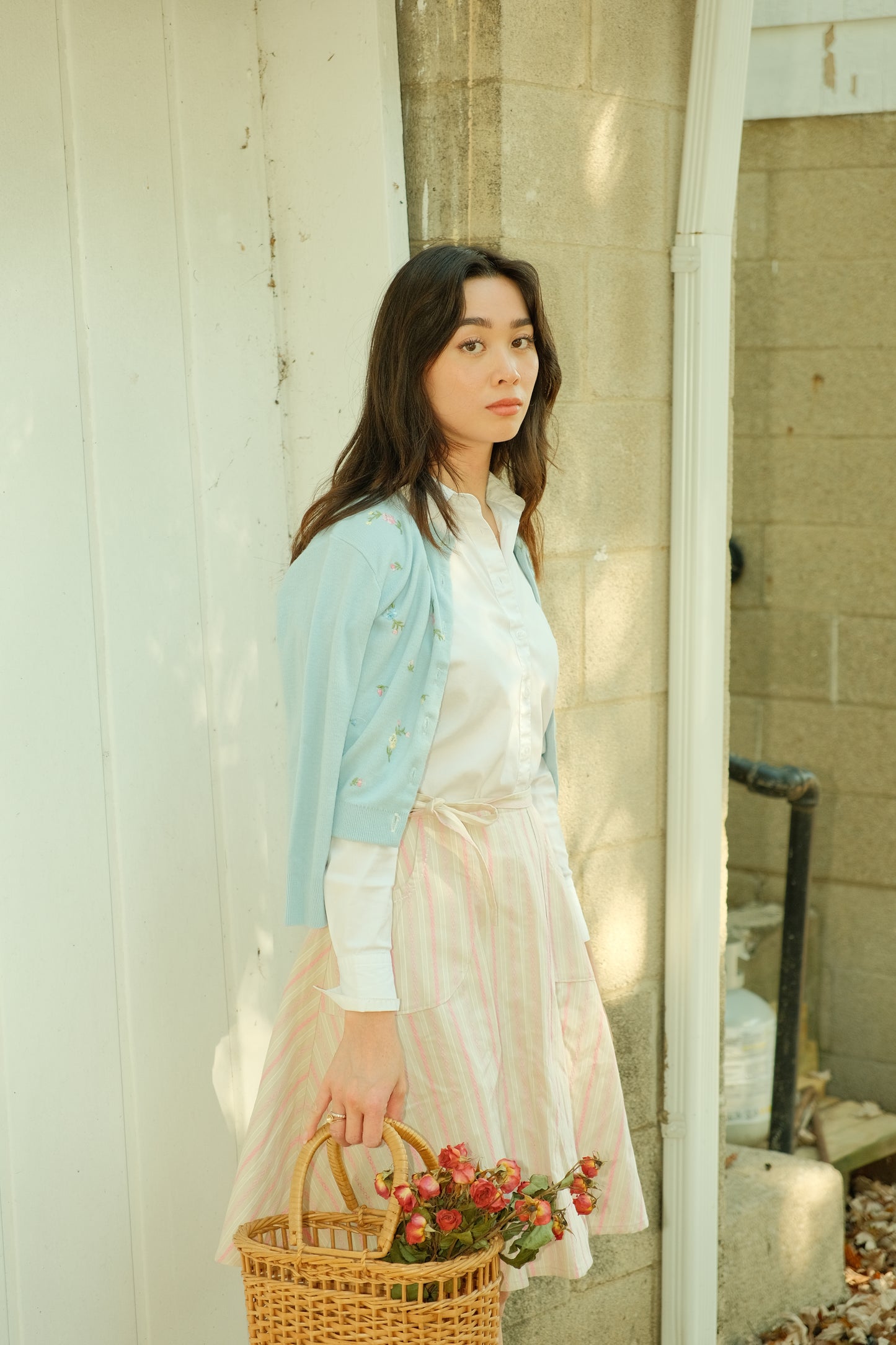 Vintage Pale Blue Embroidered Floral Cardigan