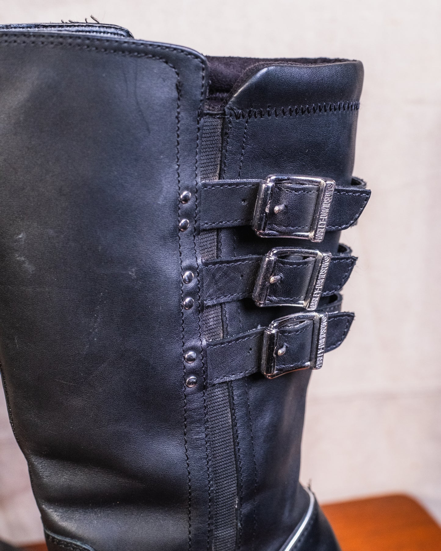 Harley Davidson Black Leather Buckle-Detail Stiletto Heel Boots | Women’s 9.5
