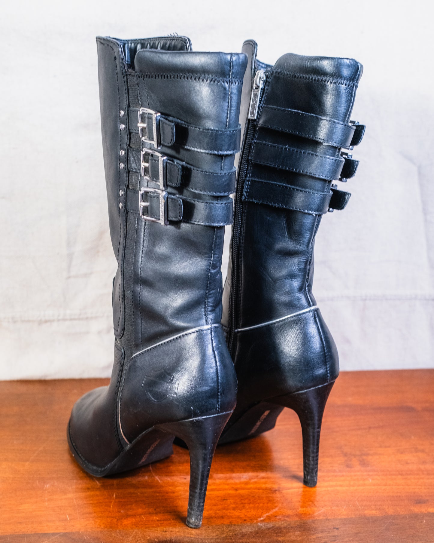 Harley Davidson Black Leather Buckle-Detail Stiletto Heel Boots | Women’s 9.5