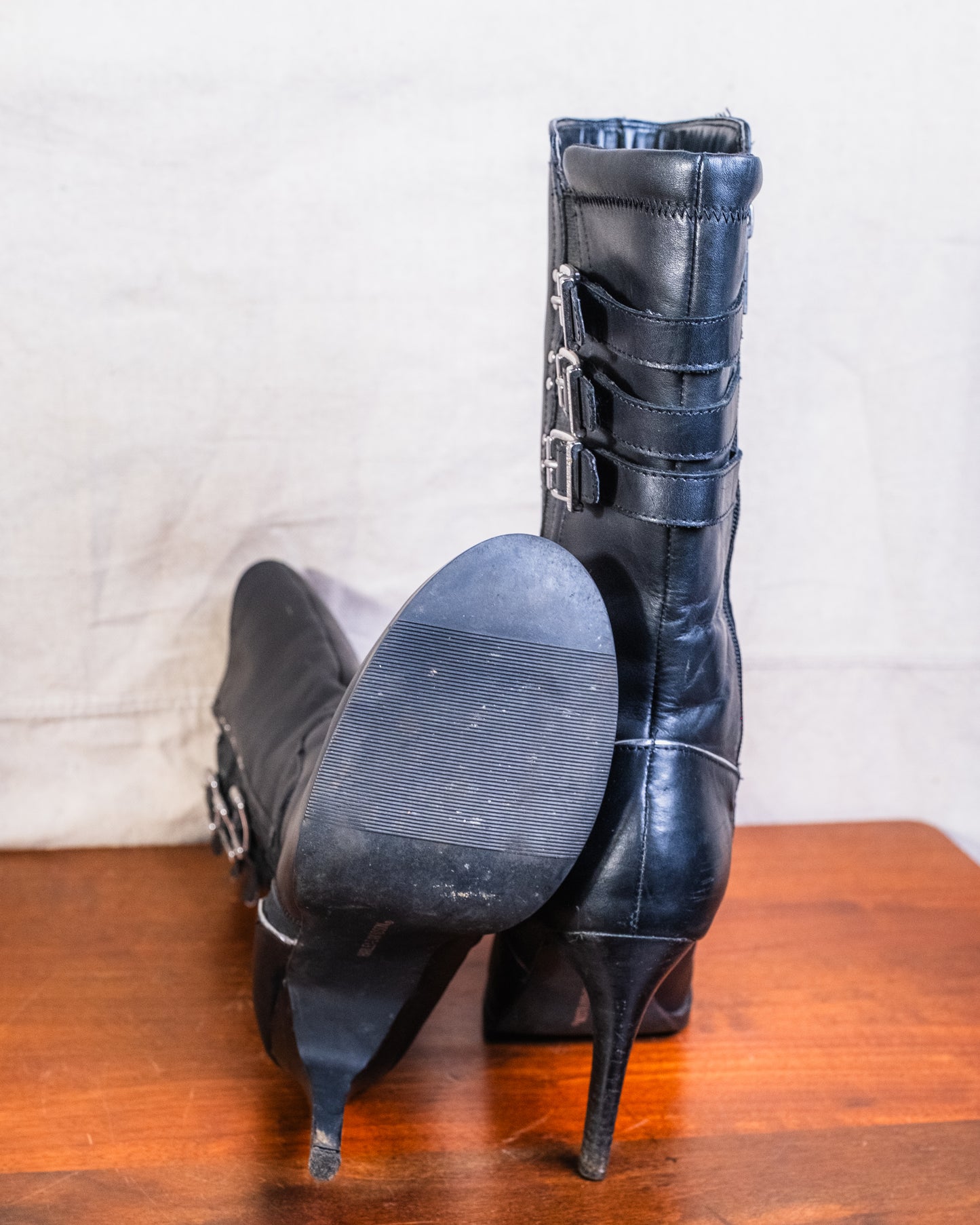 Harley Davidson Black Leather Buckle-Detail Stiletto Heel Boots | Women’s 9.5