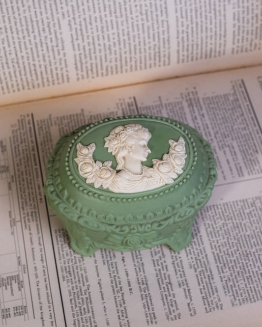 Vintage Green Jasperware Cameo Trinket Box