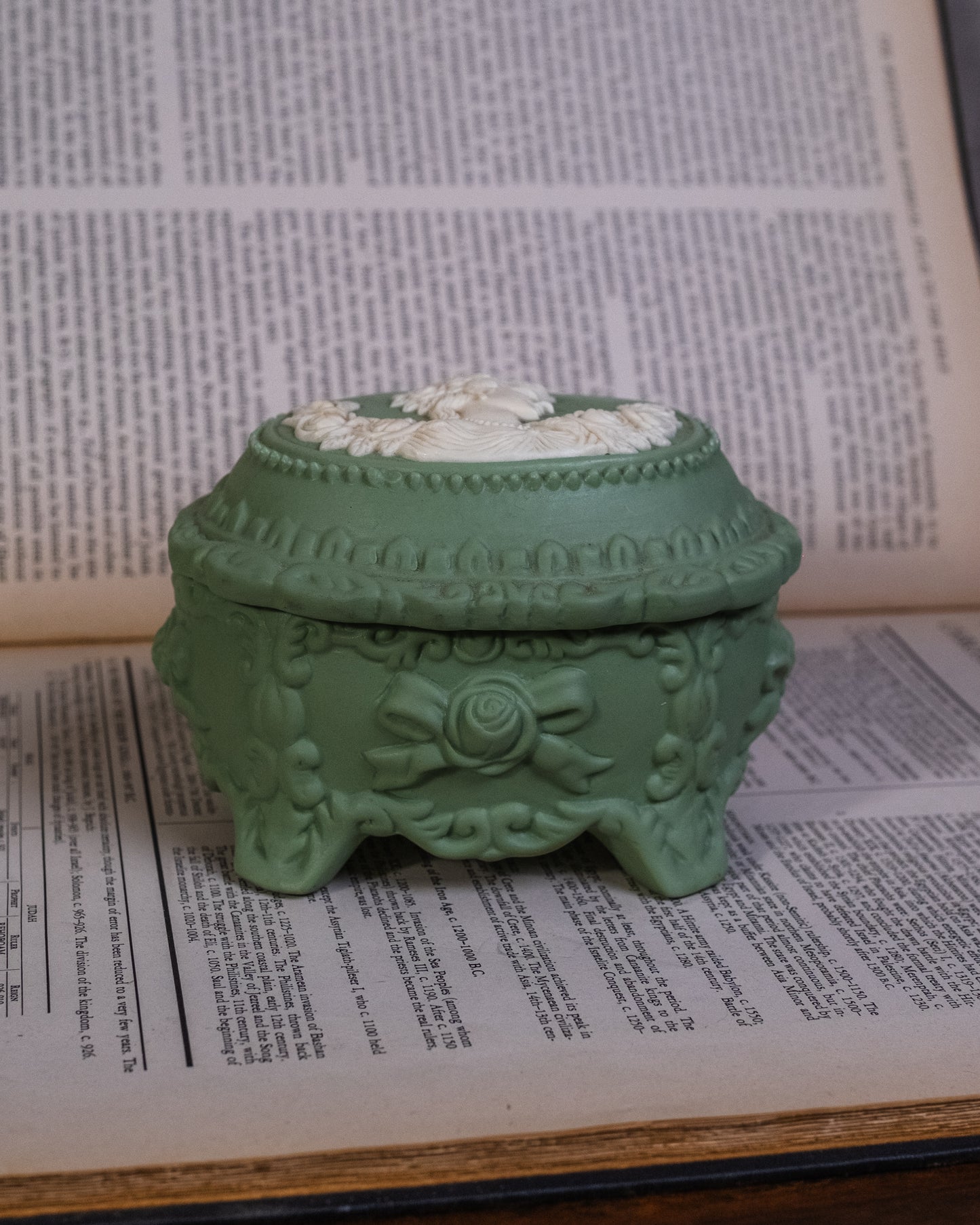 Vintage Green Jasperware Cameo Trinket Box