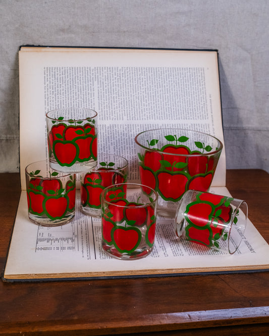Vintage 1960s Colony Glassware “Red Apple” Lowball Glasses & Ice Bucket Set