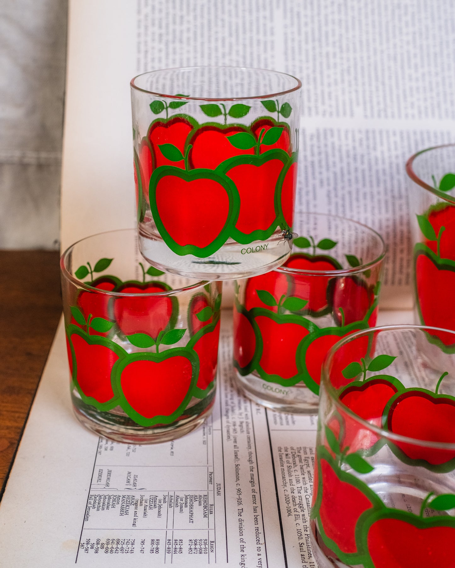 Vintage 1960s Colony Glassware “Red Apple” Lowball Glasses & Ice Bucket Set