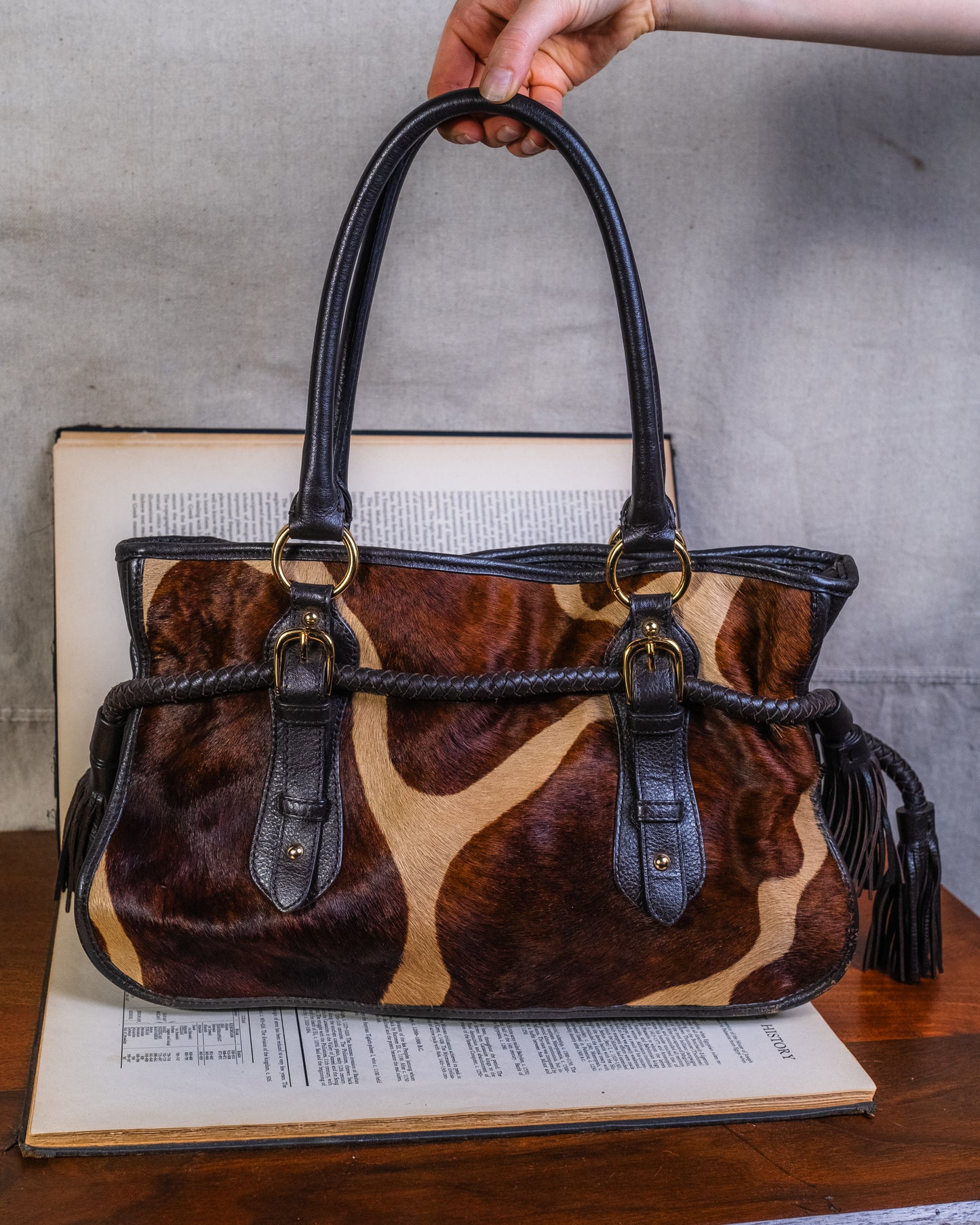 Vintage Adrienne Vittadini Giraffe Print Calf-Hair & Leather Shoulder Bag