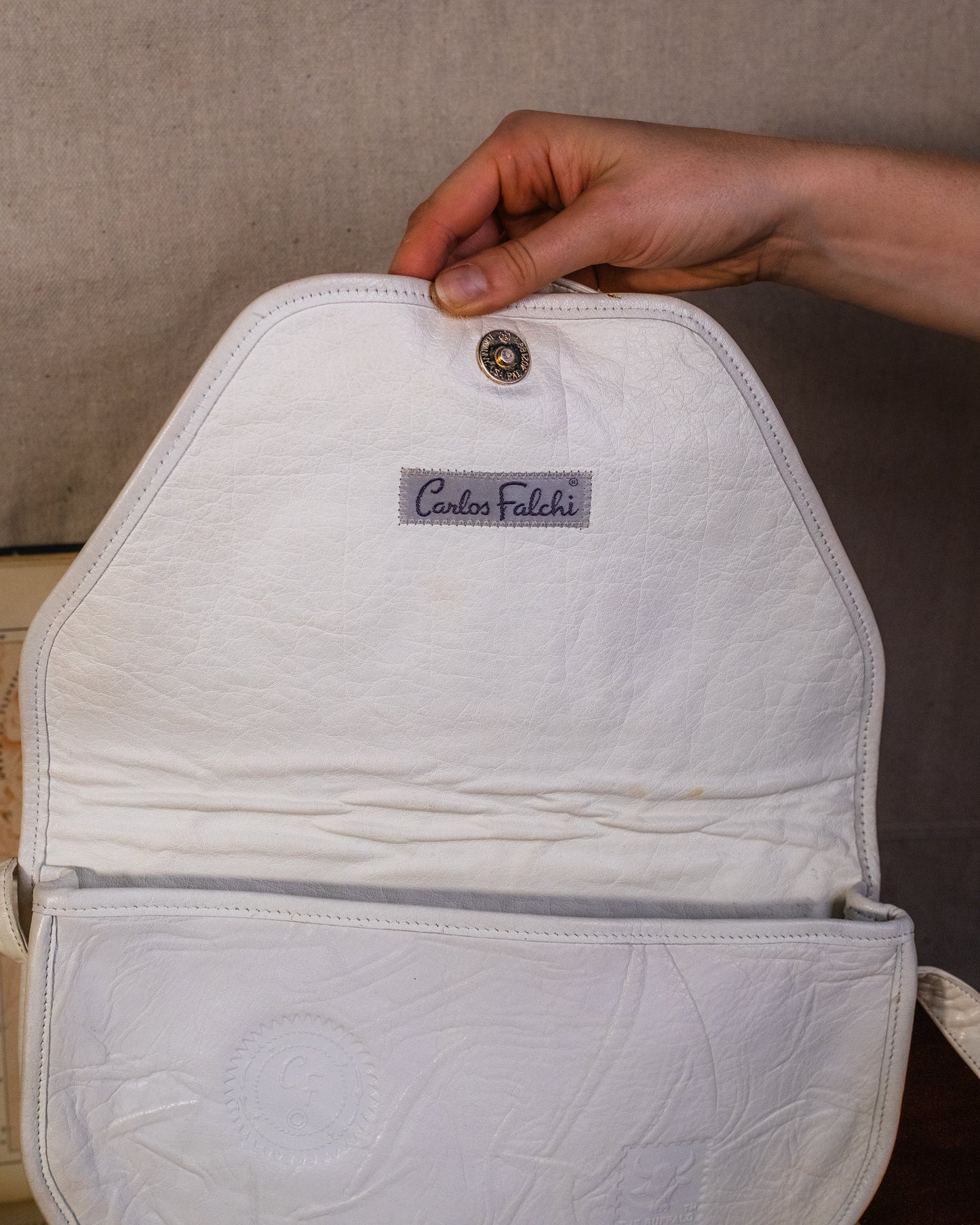 Vintage 1980s Carlos Falchi White Buffalo Leather Crossbody Bag
