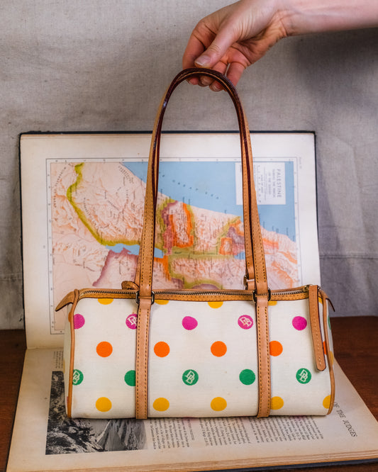 Vintage Y2K Dooney & Bourke Multi-Color Polka Dot Canvas & Leather Barrel Bag
