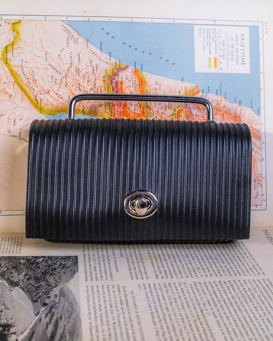 Vintage Black Hard-Shell Rubber Clutch Purse w/ Metal Top Handle