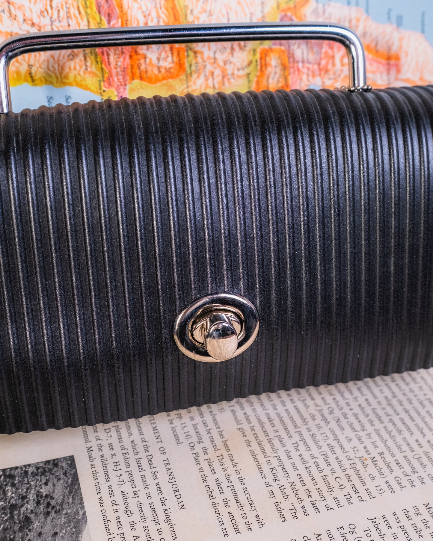 Vintage Black Hard-Shell Rubber Clutch Purse w/ Metal Top Handle