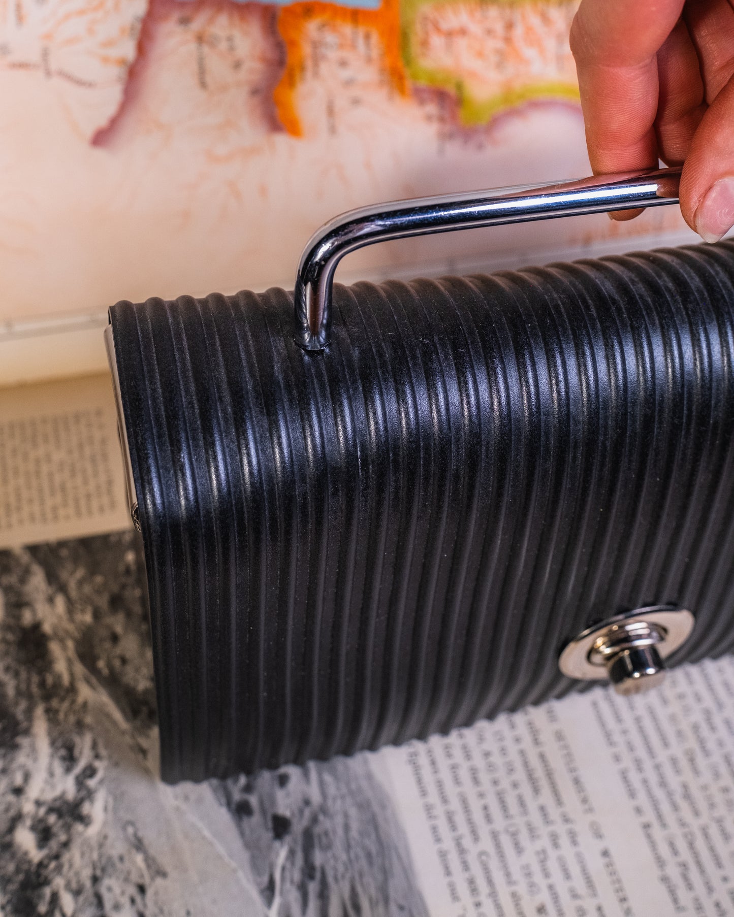 Vintage Black Hard-Shell Rubber Clutch Purse w/ Metal Top Handle