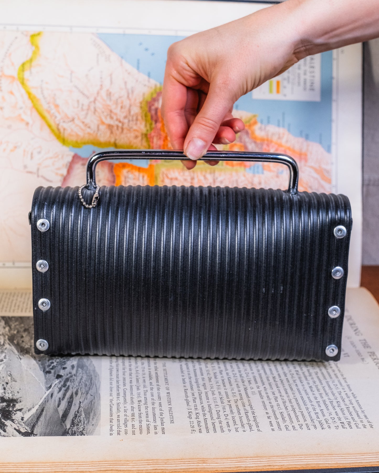Vintage Black Hard-Shell Rubber Clutch Purse w/ Metal Top Handle