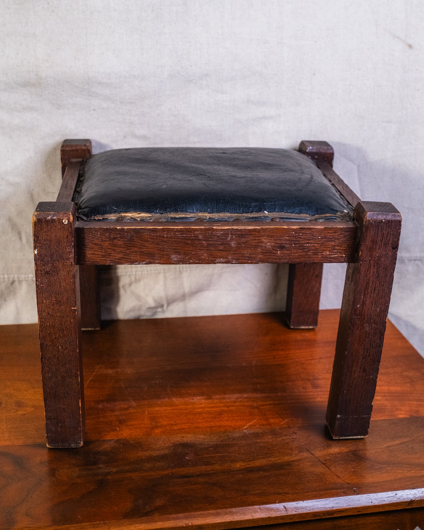 Antique Arts & Crafts Wood & Leather Footstool