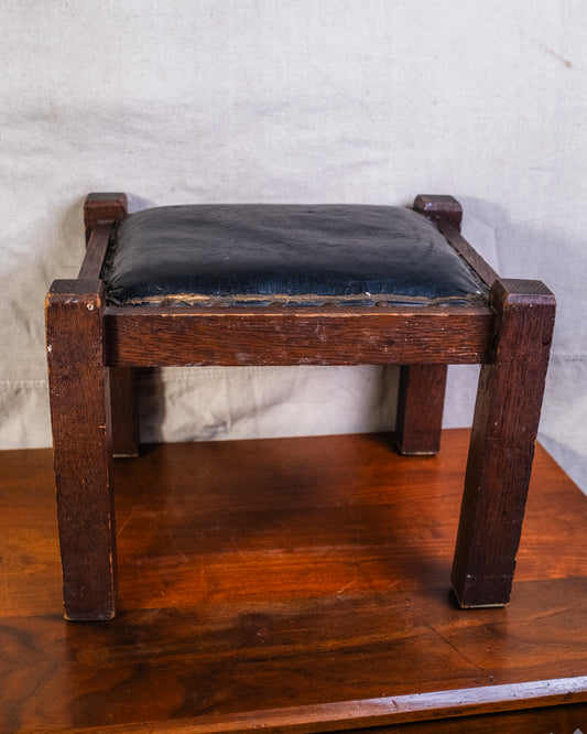 Antique Arts & Crafts Wood & Leather Footstool