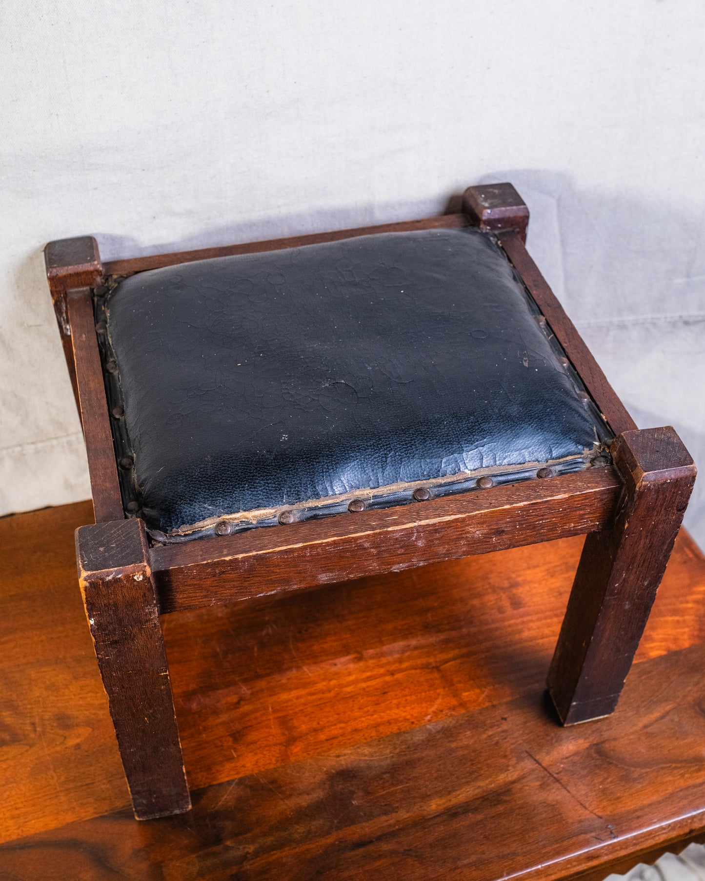 Antique Arts & Crafts Wood & Leather Footstool