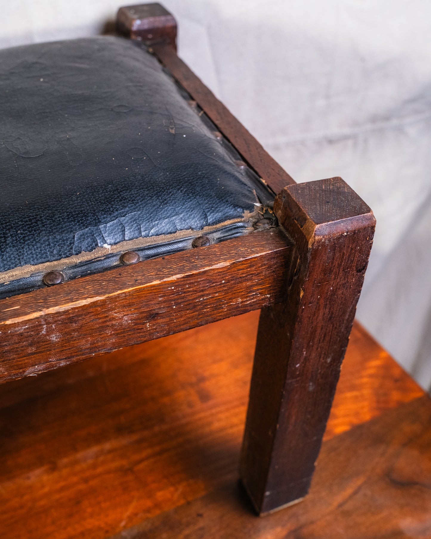 Antique Arts & Crafts Wood & Leather Footstool