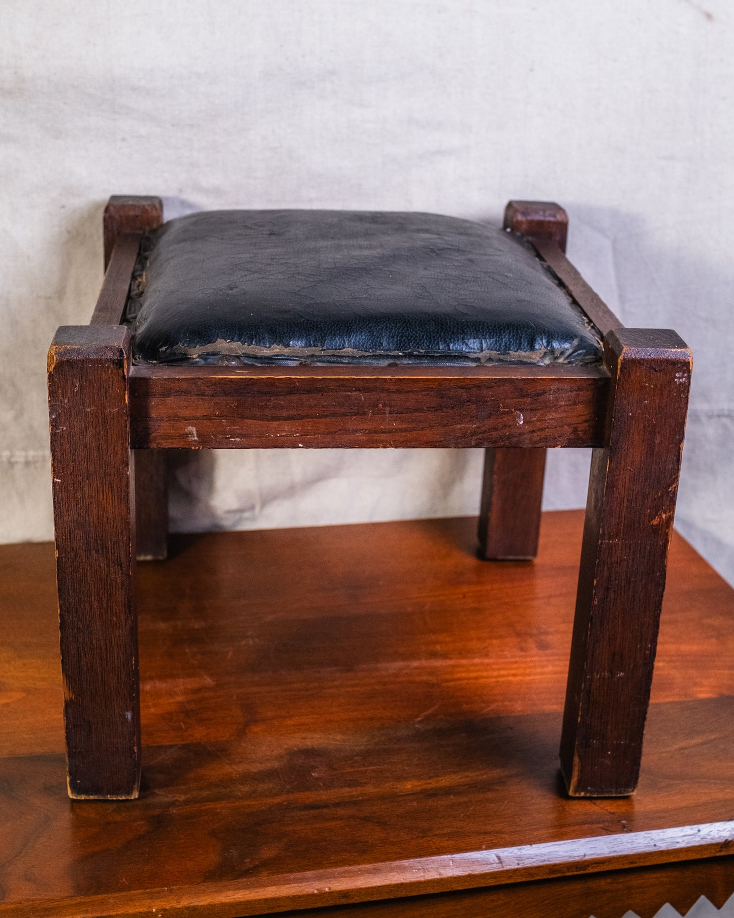 Antique Arts & Crafts Wood & Leather Footstool