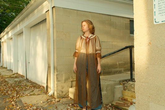 Vintage Sheer Brown Short Sleeve Full-Length House Coat