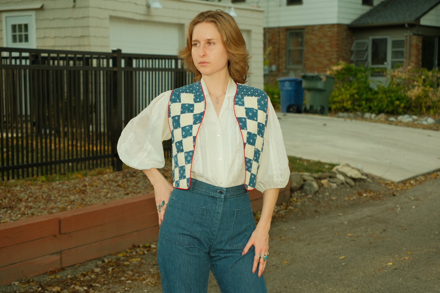 Vintage Mary Things Quilted Vest | Blue and White Squares