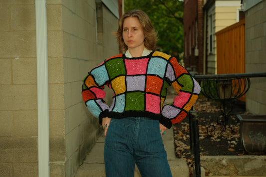 Vintage Handmade Color Block Granny Square Cropped Sweater