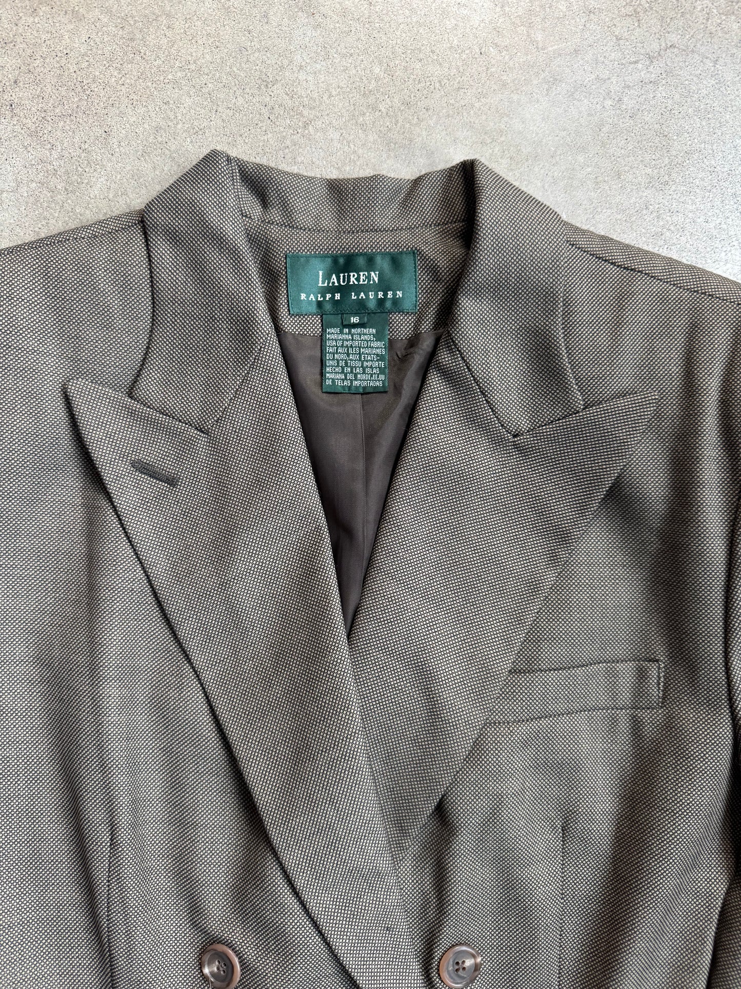 Vintage 1990s Lauren Ralph Lauren Brown Wool Double-Breasted Suit Jacket | Large