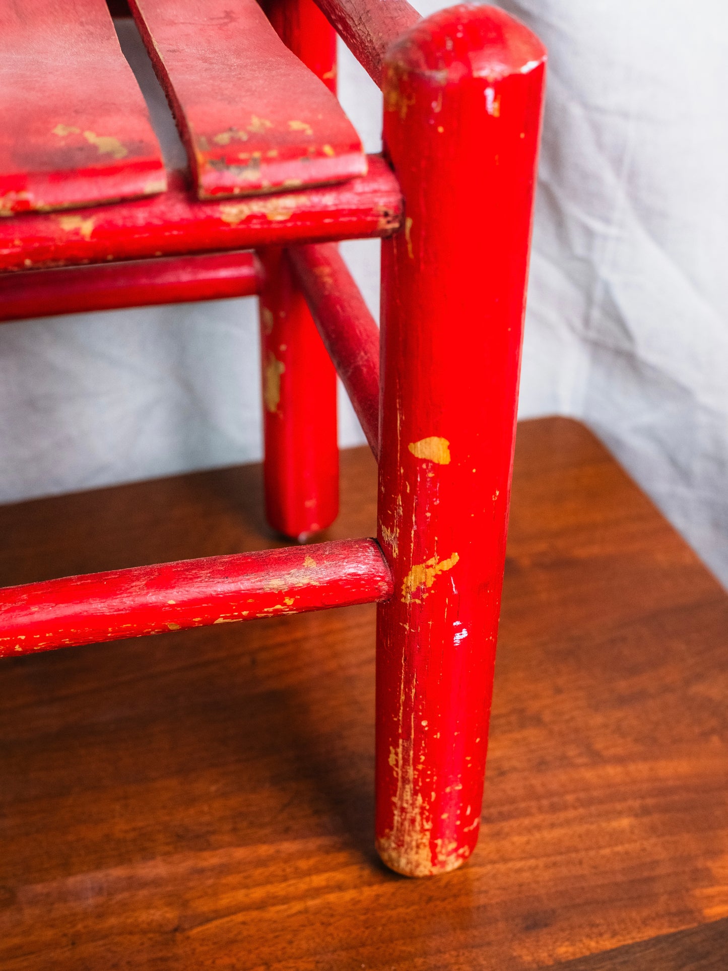 Vintage Farmhouse-Style Red Wood Slat Footstool