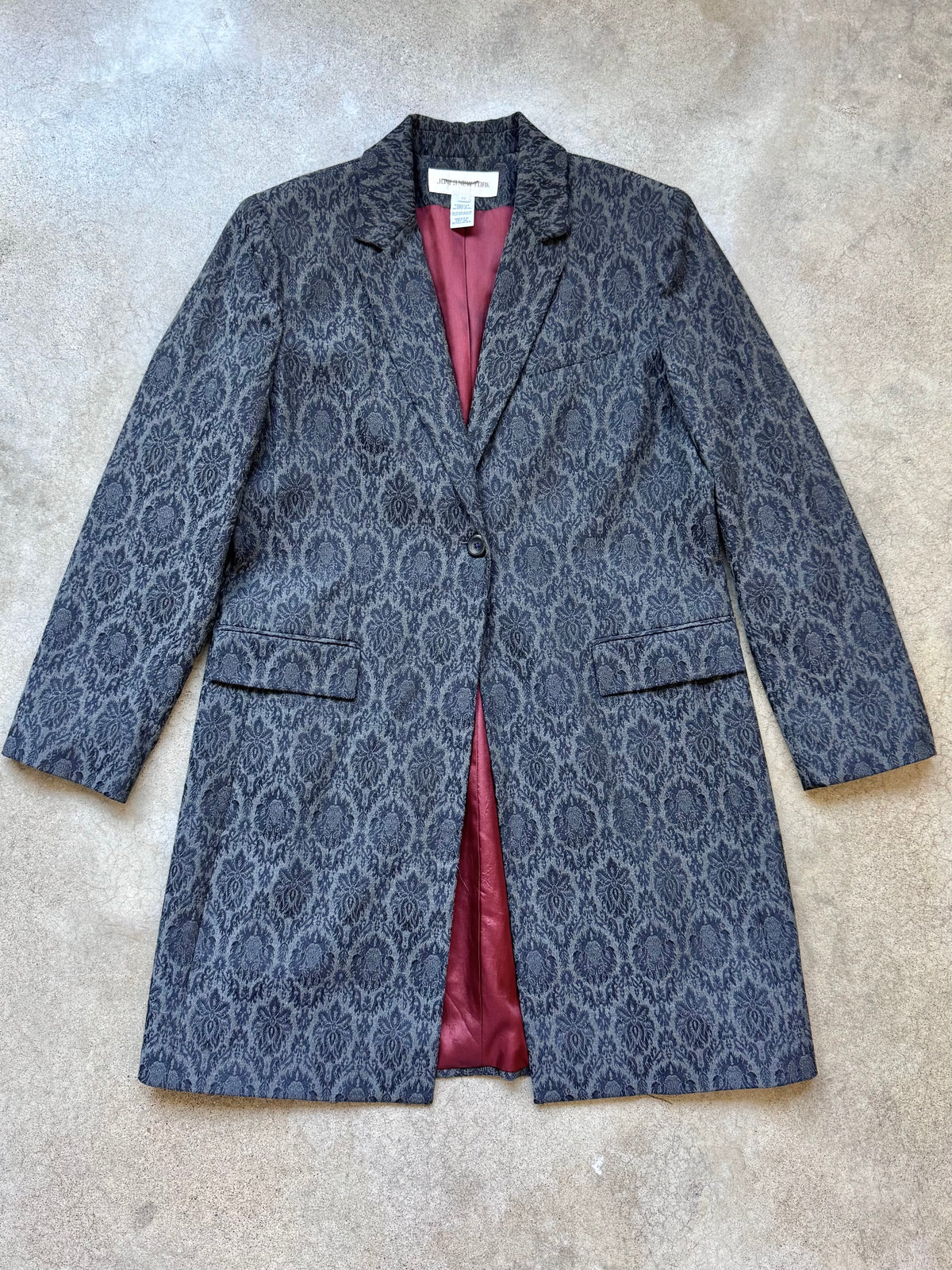 Vintage 1990s Jones New York Grey Brocade Jacquard Overcoat | Large