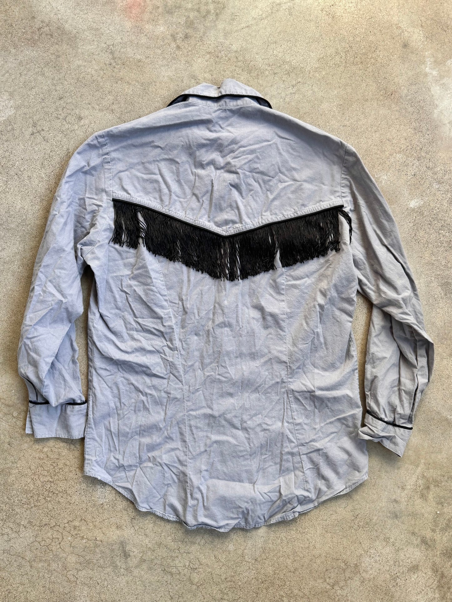 Vintage 1970s Grey & Black Fringe "Dancers" Western Shirt | Large