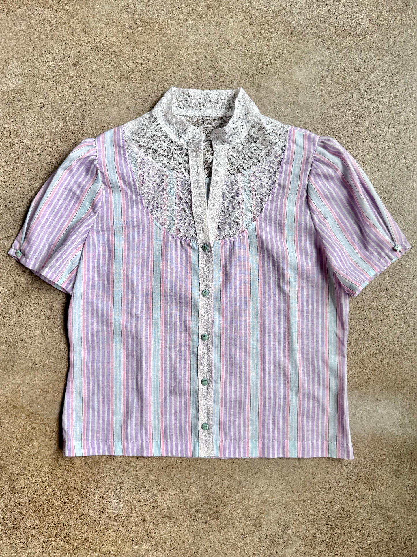 Vintage 1970s/80s Pastel Striped Lace Collar Short Sleeve Blouse | Medium