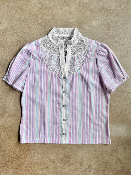 Vintage 1970s/80s Pastel Striped Lace Collar Short Sleeve Blouse | Medium
