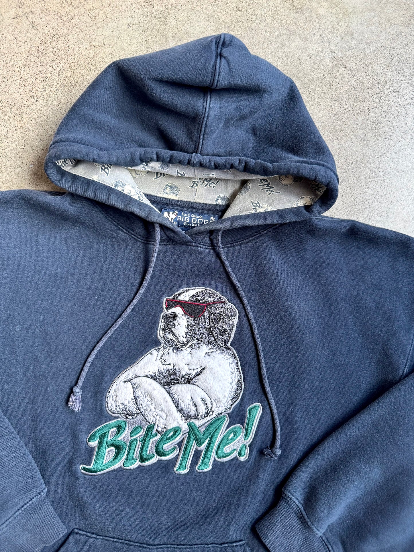 Vintage 1990s Big Dogs "Bite Me" Navy Blue Hoodie | Medium